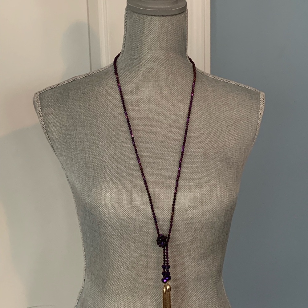 Elegant Purple Beaded Necklace with Gold Tassel